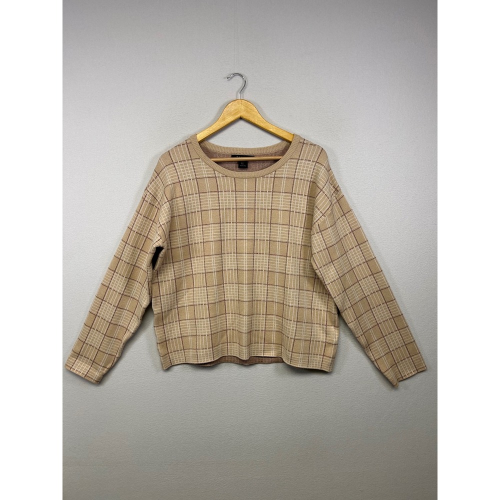 Dark Academia Tahari Womens Large Tan Grid Plaid Crew Neck Drop Shoulder Sweater